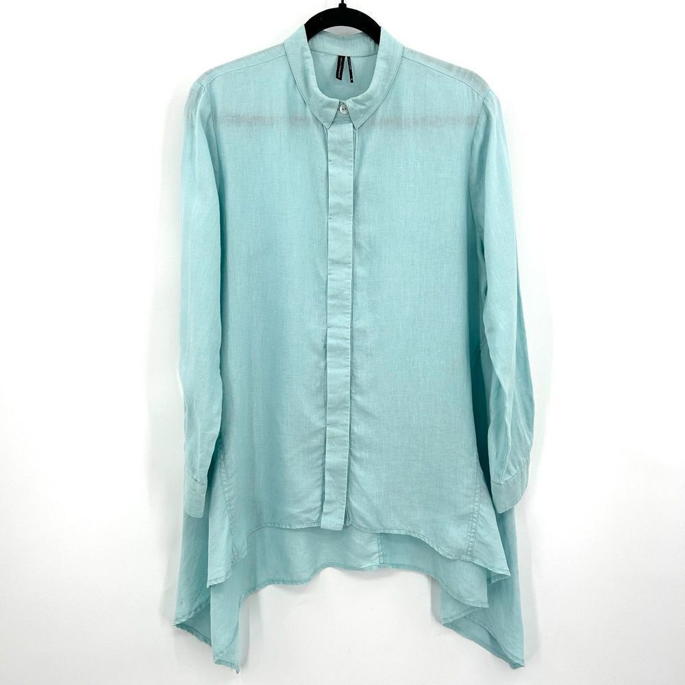 Stella Carakasi Light Blue 100% Linen Long Sleeve Shark Bite Hem Blouse Small